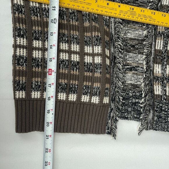 Cabi Plaid Fringe Open Classic Cardigan Sweater #4097 Brown Gray Womens M - Picture 11 of 12